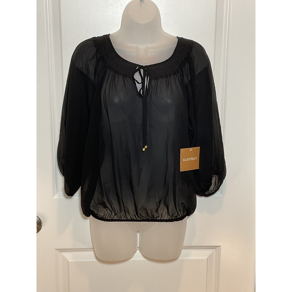 NWT ELLEN TRACY Black Sheer Blouse Smocked Neckline Tie Neck 3/4 Sleeve Medium M
